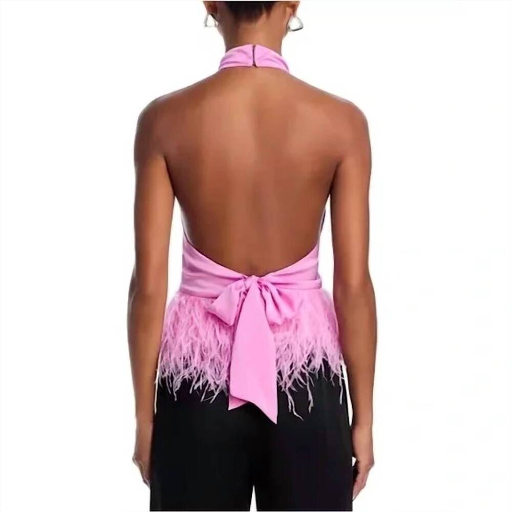 NEW RAMY BROOK feather trim halter top in pink - Picture 3 of 3